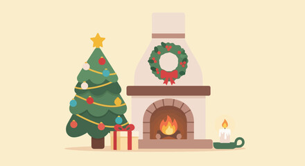 Cozy Christmas Fireplace Scene with Decorated Tree and Festive Wreath Illustration for Holiday Greetings and Seasonal Backgrounds