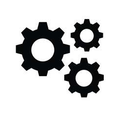 Three black cogwheels (gears) interlocking in a cluster on a white background. This vector icon symbolizes system processes, workflow, mechanics, settings, cooperation, engineering, technical solution