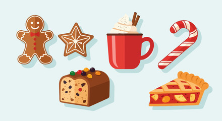 Festive Holiday Treats Illustration Featuring Gingerbread Man, Star Cookie, Hot Chocolate, and Pie for Seasonal Marketing and Celebratory Designs