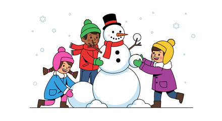 Children Building a Snowman Together in Winter, Illustrating Joyful Seasonal Activities for Educational Materials and Holiday-Themed Projects.