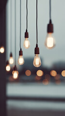 Hanging vintage light bulbs glowing warmly in soft focus