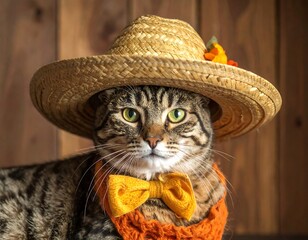 Close-up of a tabby cat wearing a straw hat and bow tie