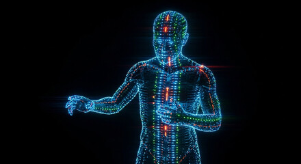 Futuristic holographic human body scan displaying internal anatomy and skeletal structure with glowing blue and red digital grid on black background