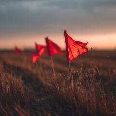 Red flags waving in field landscape photography sunset concept warning sign danger alert signal marker symbol