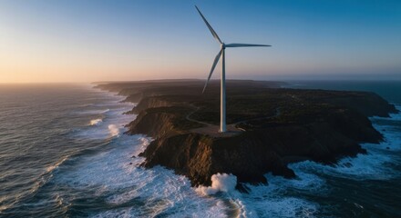Coastal wind turbine at sunset