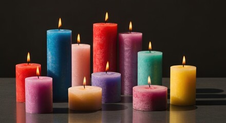 Colorful cylindrical candles arranged in a group, lit and casting shadows on a dark surface