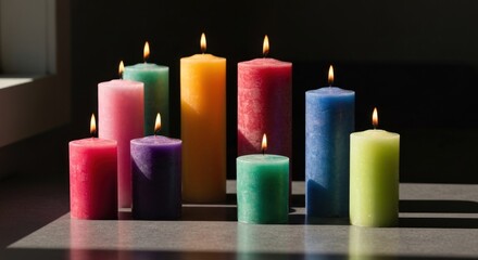 Colorful cylindrical candles in various shades of pink, orange, green, and blue, arranged in a slightly tiered formation on a light gray surface.  Flames flicker in each candle