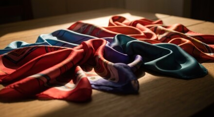 Colorful silk scarves draped on a light-wood table