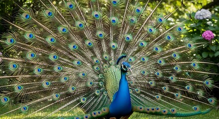 Obraz premium Peacock Displaying Feathers Garden.
