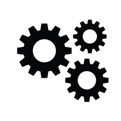 Three black cogwheels (gears) interlocking in a cluster on a white background. This vector icon symbolizes system processes, workflow, mechanics, settings, cooperation, engineering, technical solution