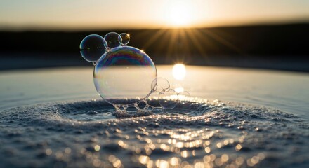 Colorful soap bubble resting on water at sunset