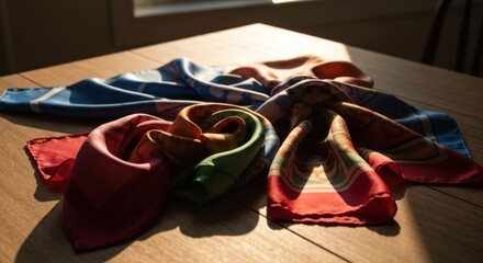 Colorful silk scarves on a light wooden table, sunlit