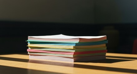 Colorful stack of papers sits on a light wooden table, bathed in sunlight, casting shadows