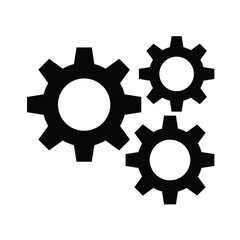 Three black cogwheels (gears) interlocking in a cluster on a white background. This vector icon symbolizes system processes, workflow, mechanics, settings, cooperation, engineering, technical solution