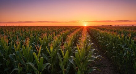 Cornfield at sunset. Rows of vibrant green corn stalks stretch towards a fiery orange and purple sky