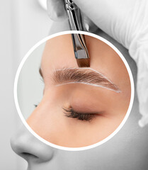 The make-up artist does Long-lasting styling of the eyebrows of the eyebrows and will color the...