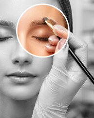 The make-up artist does Long-lasting styling of the eyebrows of the eyebrows and will color the...