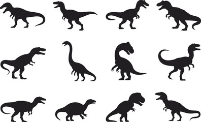 Dinosaur silhouette set, prehistoric creature icons, black vector illustration, extinct animal shapes, fossil era design, Jurassic wildlife graphics, paleontology themed artwork, educational clipart