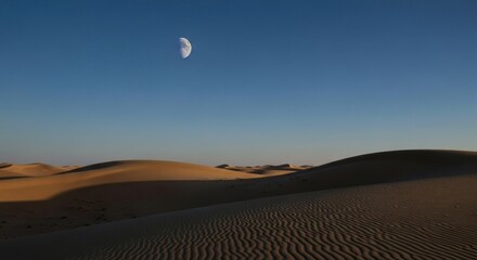 Crescent moon hangs over a vast expanse of dunes