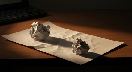 Crumpled paper balls on a sheet of paper on a wooden desk.  Ambient light highlights the crumpled paper