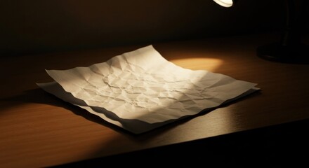 Crumpled white paper on a wooden table, illuminated by a lamp