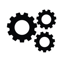 Three black cogwheels (gears) interlocking in a cluster on a white background. This vector icon symbolizes system processes, workflow, mechanics, settings, cooperation, engineering, technical solution