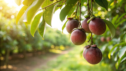 Mangosteen hanging  tree in garden, Mangosteen on tree branch in natural warm sunlight view