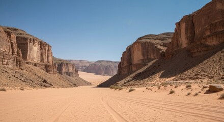 Desert canyon vista, sandy path