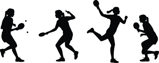 Table tennis silhouettes, active players in motion, dynamic paddle poses, sports action illustration, competitive game concept, black figures isolated on white background, energetic movement