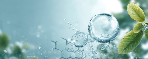 Abstract science background with water bubbles and molecular structures and green leaves