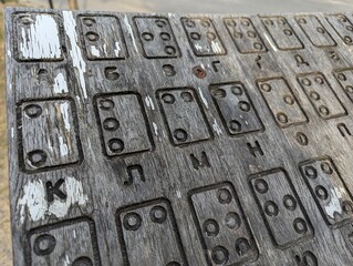 An old crumbling sign with the Braille alphabet. A decrepit plywood with paint drips. A vintage wood with a cracked surface. The Braille alphabets from A to Z in alphabetical order.