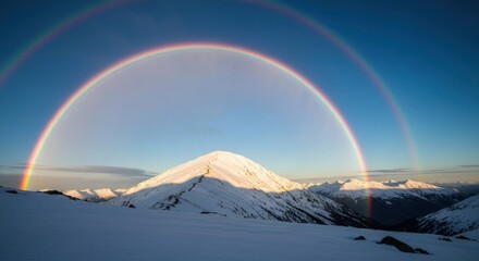 Double rainbow arches over snow-capped mountain peak
