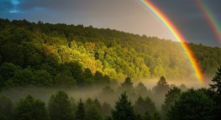 Double rainbow arches over a misty forest. Lush green trees and fog fill the valley below