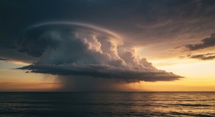 Dramatic storm cloud over ocean at sunset