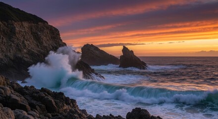 Dramatic sunset over a rocky coastline with crashing waves