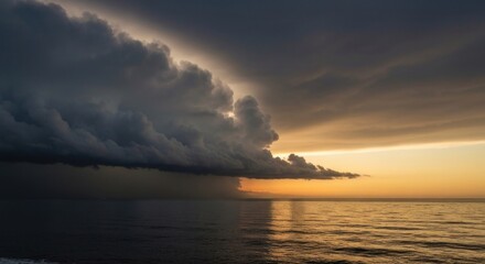 Dramatic sunset over a stormy sea. Dark, heavy clouds loom over a calm body of water at sunset