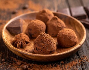 Close-up of a wooden plate with chocolate truffles and star anise