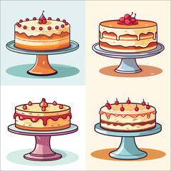 Four minimalist vector illustrations of layered cakes with dripping glaze and cherries. Clean outlines, bright pastel colors, served on vintage cake stands, perfect for bakery logos and icons