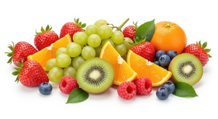 A vibrant assortment of fresh fruits including strawberries kiwi oranges grapes and blueberries isolated on white background