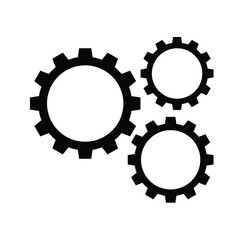 Three black cogwheels (gears) interlocking in a cluster on a white background. This vector icon symbolizes system processes, workflow, mechanics, settings, cooperation, engineering, technical solution