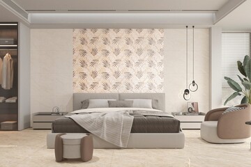 Front view. Cozy bedroom interior with beige tiled flooring, neutral palette, and framed art decor, hanging lamps, closet aside filled with clothes. 3D Illustrations. 3D Rendering