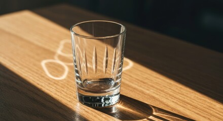 Empty glass on wooden table, sunlit