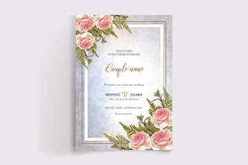WEDDING INVITATION FRAME WITH FLOWER DECORATIONS AND FRESH LEAVES
