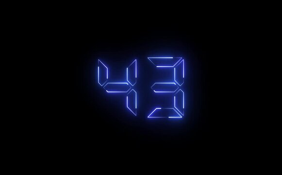 Glowing neon digital number forty three on a black background illuminated with bright blue light