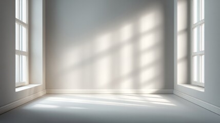 Fototapeta premium Soft light spills into a minimalistic gray room, creating gentle shadows that enhance the peaceful ambiance