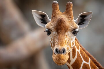 Naklejka premium Close up portrait of a majestic giraffe with distinctive patterned fur and large expressive eyes