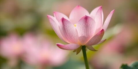 A beautiful light pink lotus flower with darker pink petal tips blooms elegantly against a soft, blurred background of more lotus flowers in a peaceful garden setting.