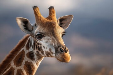 Naklejka premium Close up portrait of a majestic giraffe with warm sunlight illuminating its patterned coat