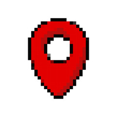 Red location pin in pixel style. Retro 8-bit design icon for maps, navigation, games, or digital projects. Vector illustration isolated on white background.