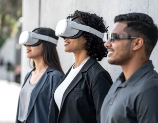 Side view of a multicultural business team engaged in an immersive virtual reality training session outdoors